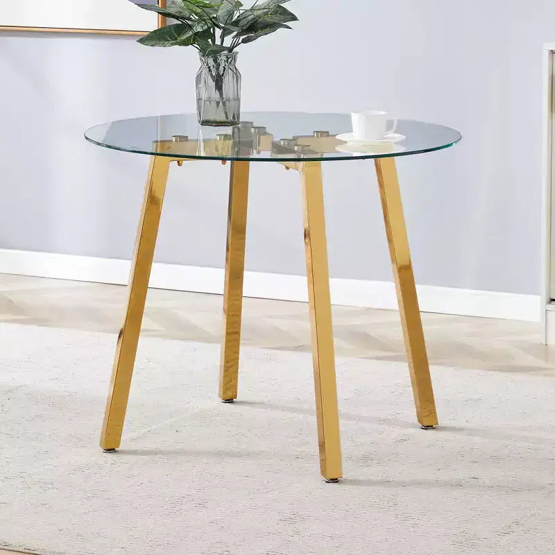 Modern Round Dining Table with Tempered Glass Top and Metal Legs for Dining Room