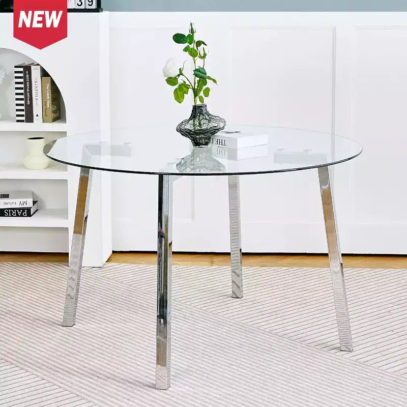 Modern Round Dining Table with Tempered Glass Top and Metal Legs for Dining Room