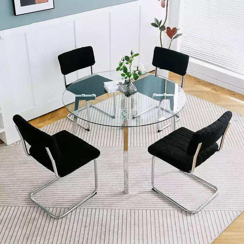 Modern Round Dining Table with Tempered Glass Top and Metal Legs for Dining Room