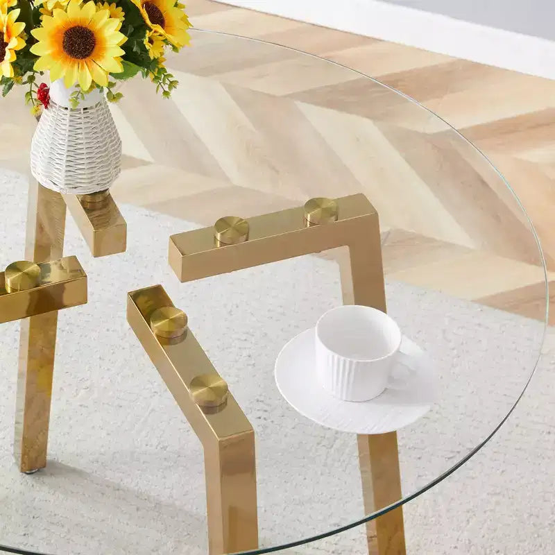 Modern Round Dining Table with Tempered Glass Top and Metal Legs for Dining Room