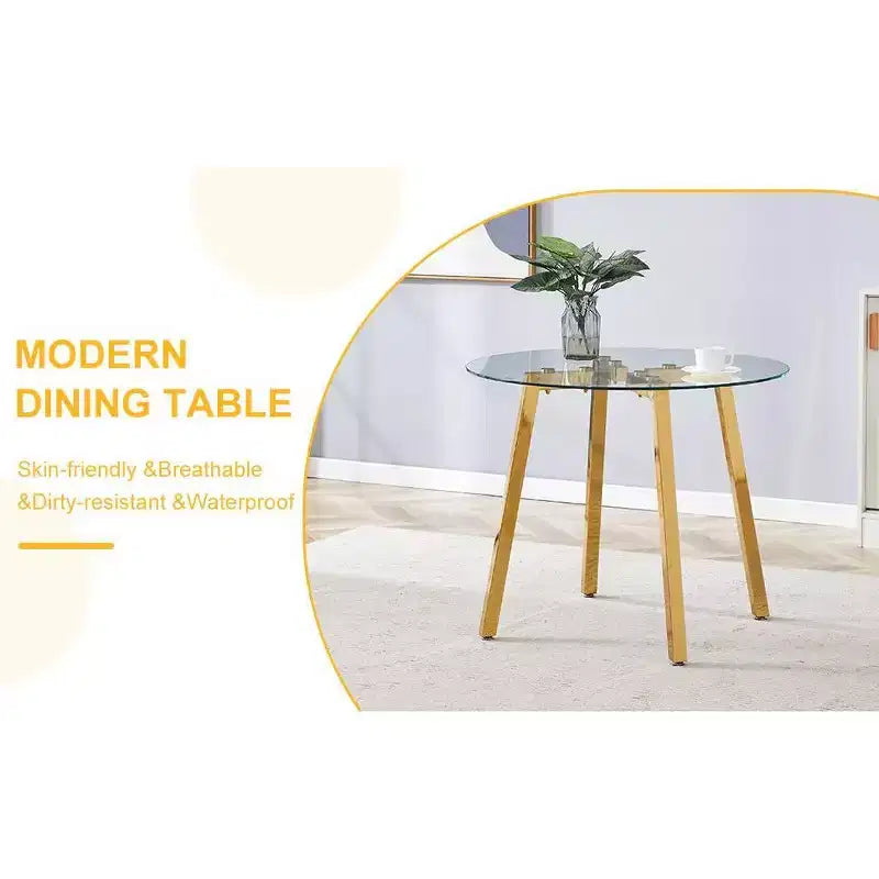 Modern Round Dining Table with Tempered Glass Top and Metal Legs for Dining Room