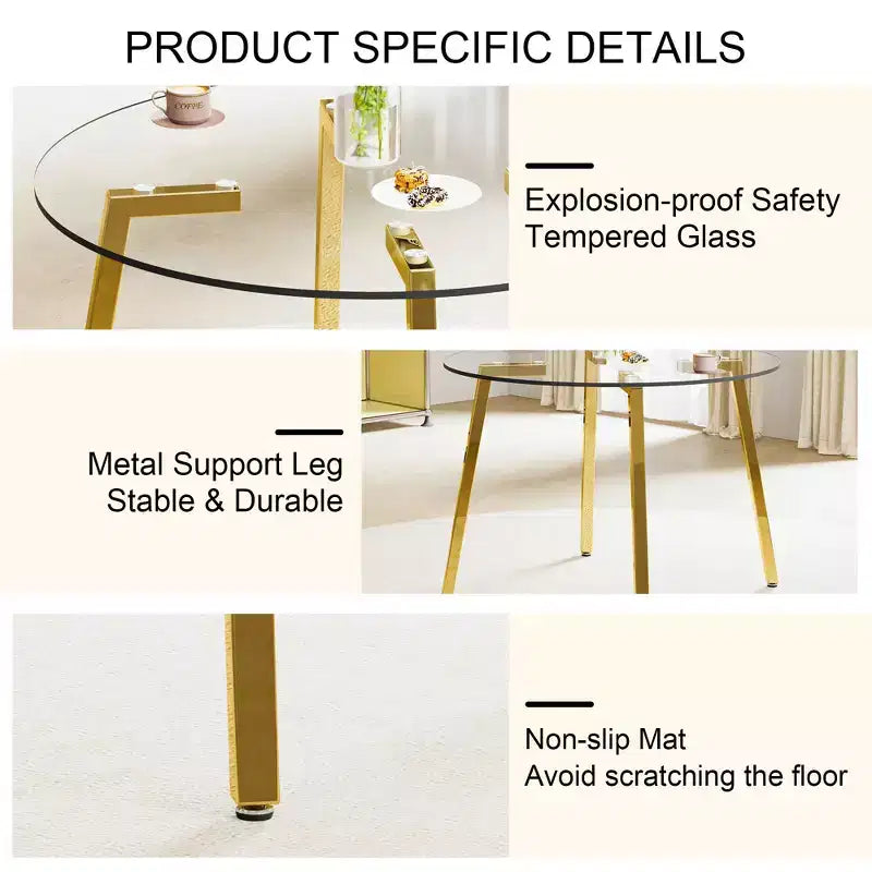 Modern Round Dining Table with Tempered Glass Top and Metal Legs for Dining Room