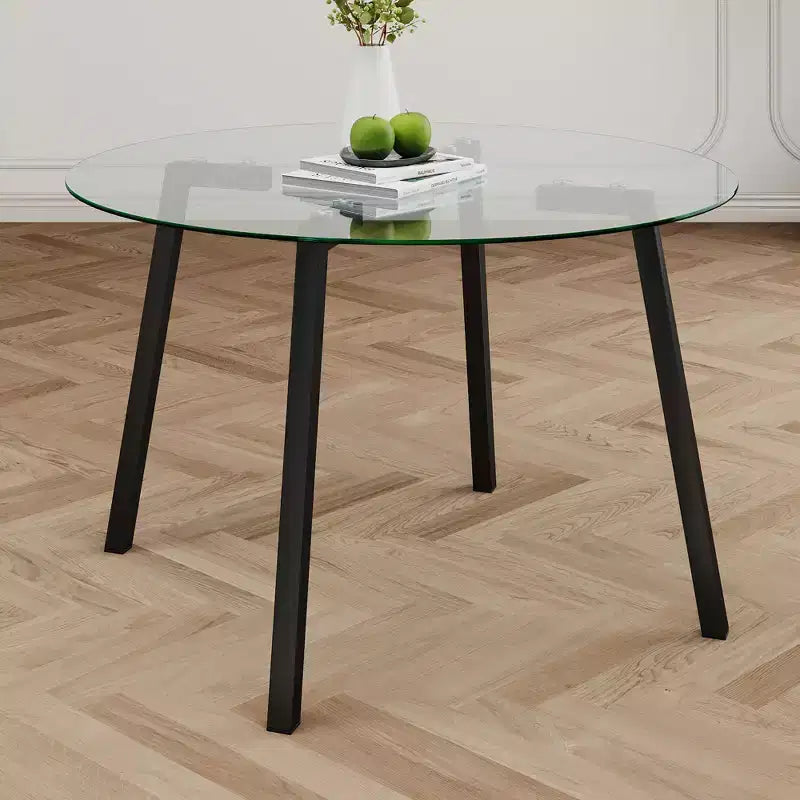 Modern Round Dining Table with Tempered Glass Top and Metal Legs for Dining Room