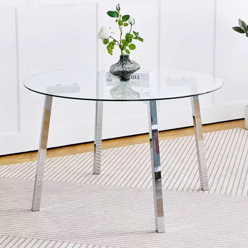 Modern Round Dining Table with Tempered Glass Top and Metal Legs for Dining Room