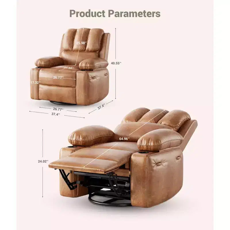 27'' Leather Recliner Chair Oversized, Overstuffed Manual Recliner Chair, with Cup Holder and Side Pockets, for Living Rooms, Max Weight 400 lbs