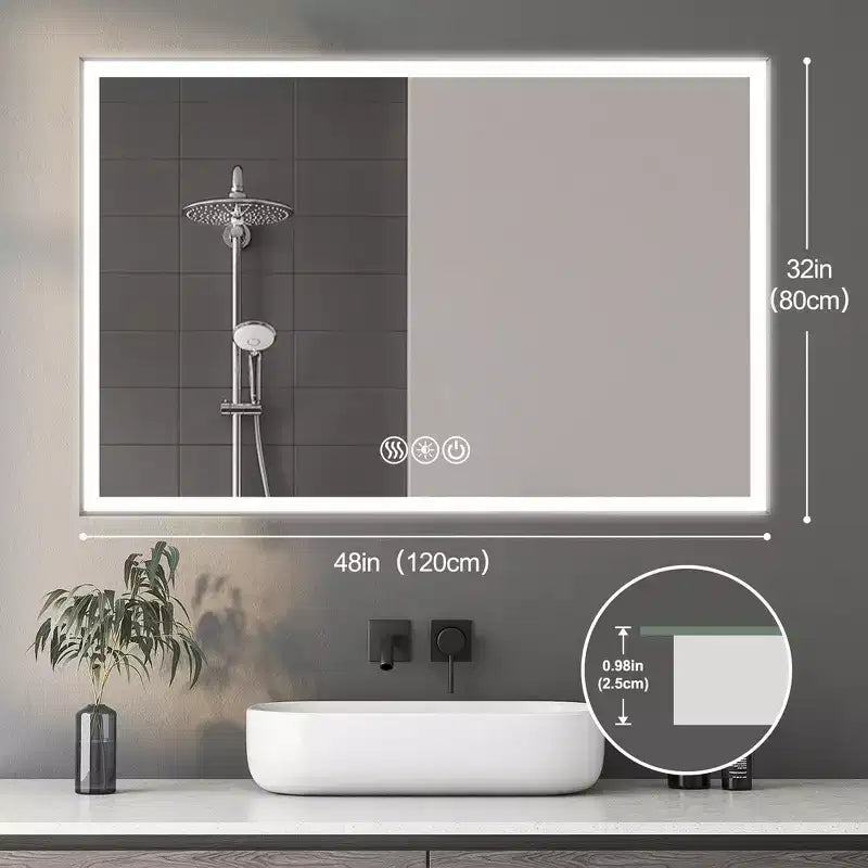 Bathroom Wall-Mounted Mirror with Aluminum Frame and Dimmable Touch Control, Anti-Fogging, 48x32 - Silver