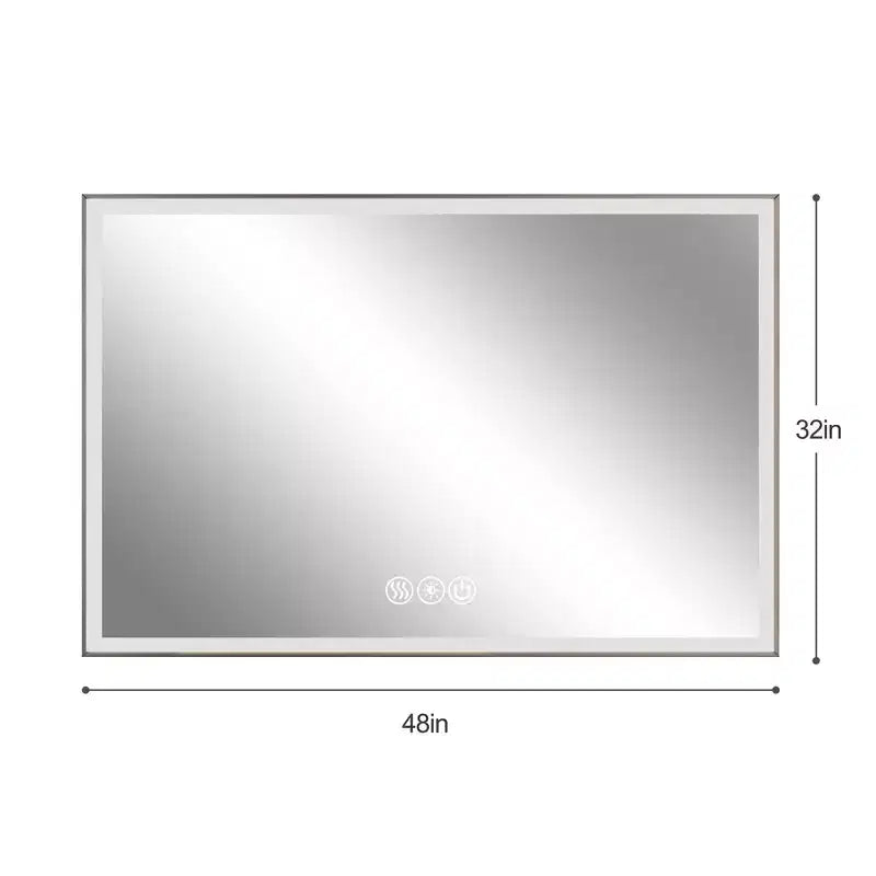 Bathroom Wall-Mounted Mirror with Aluminum Frame and Dimmable Touch Control, Anti-Fogging, 48x32 - Silver