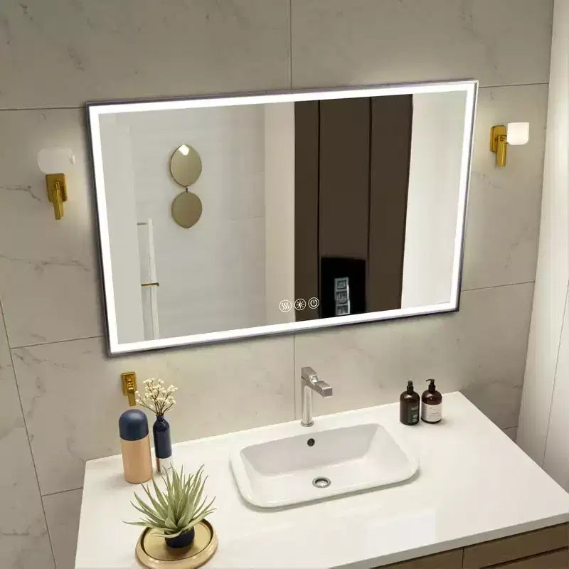 Bathroom Wall-Mounted Mirror with Aluminum Frame and Dimmable Touch Control, Anti-Fogging, 48x32 - Silver