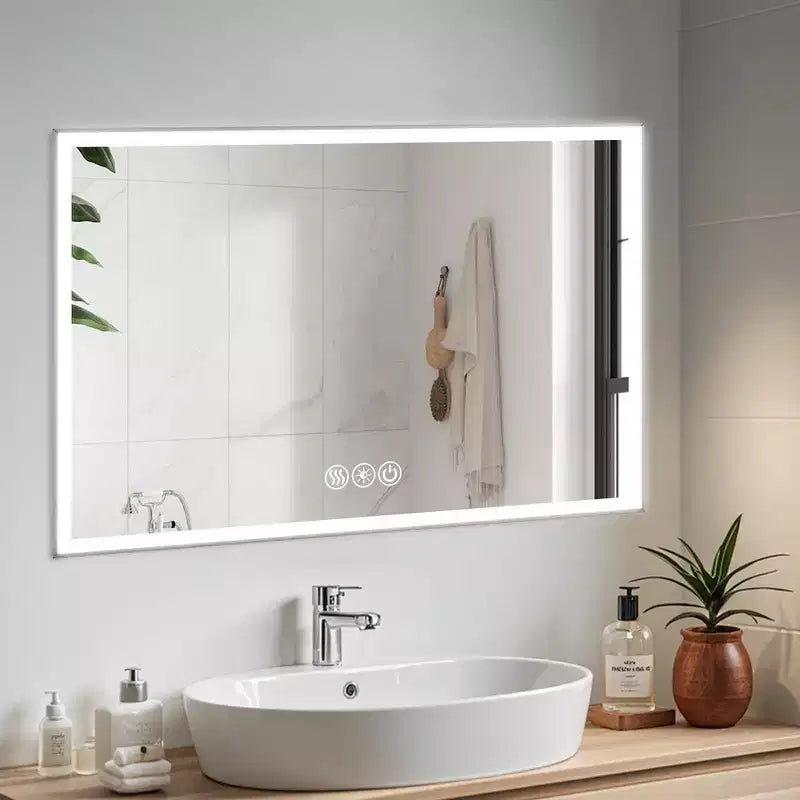 Bathroom Wall-Mounted Mirror with Aluminum Frame and Dimmable Touch Control, Anti-Fogging, 48x32 - Silver