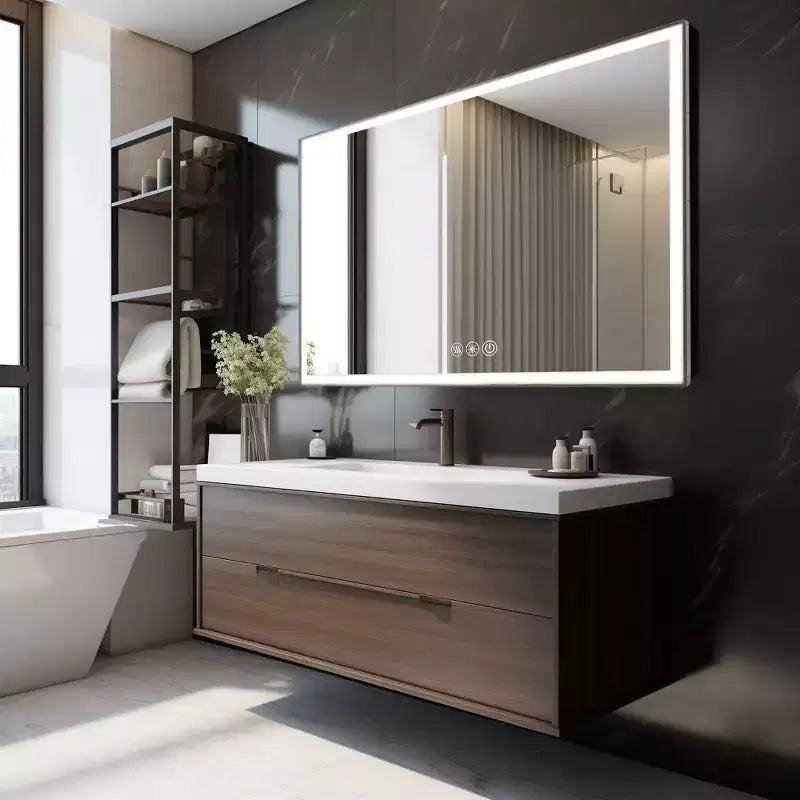 Bathroom Wall-Mounted Mirror with Aluminum Frame and Dimmable Touch Control, Anti-Fogging, 48x32 - Silver