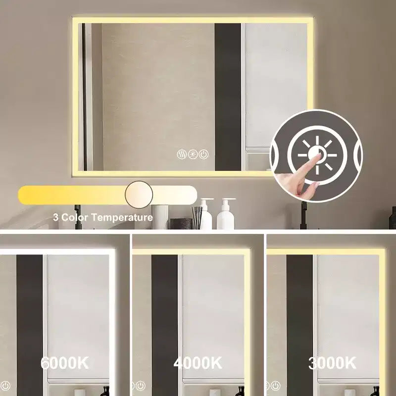 Bathroom Wall-Mounted Mirror with Aluminum Frame and Dimmable Touch Control, Anti-Fogging, 48x32 - Silver