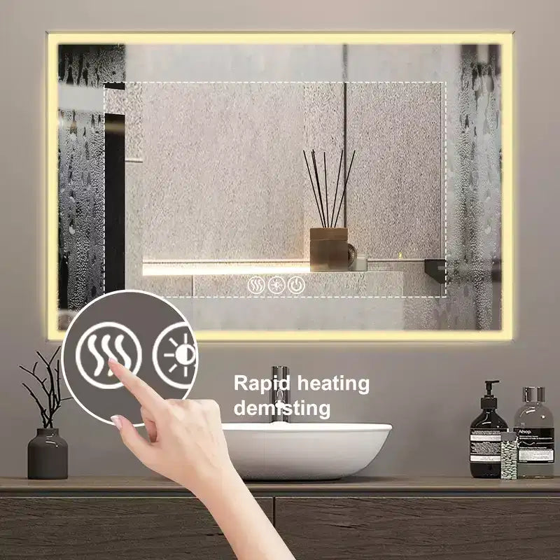 Bathroom Wall-Mounted Mirror with Aluminum Frame and Dimmable Touch Control, Anti-Fogging, 48x32 - Silver