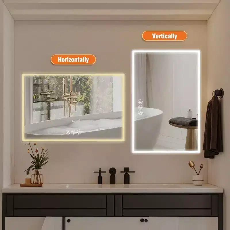 Bathroom Wall-Mounted Mirror with Aluminum Frame and Dimmable Touch Control, Anti-Fogging, 48x32 - Silver