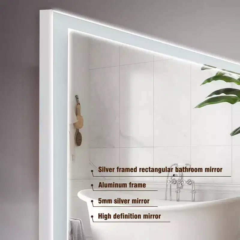 Bathroom Wall-Mounted Mirror with Aluminum Frame and Dimmable Touch Control, Anti-Fogging, 48x32 - Silver