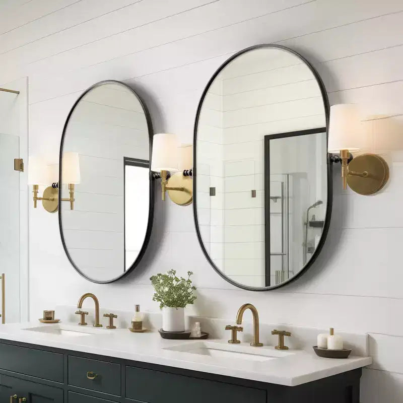 Hanging Wall Mirror with Iron Track-Shaped Frame, Black Hardware, 31x24 inches