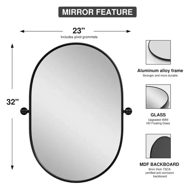 Hanging Wall Mirror with Iron Track-Shaped Frame, Black Hardware, 31x24 inches