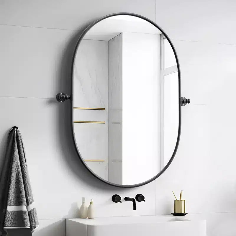 Hanging Wall Mirror with Iron Track-Shaped Frame, Black Hardware, 31x24 inches