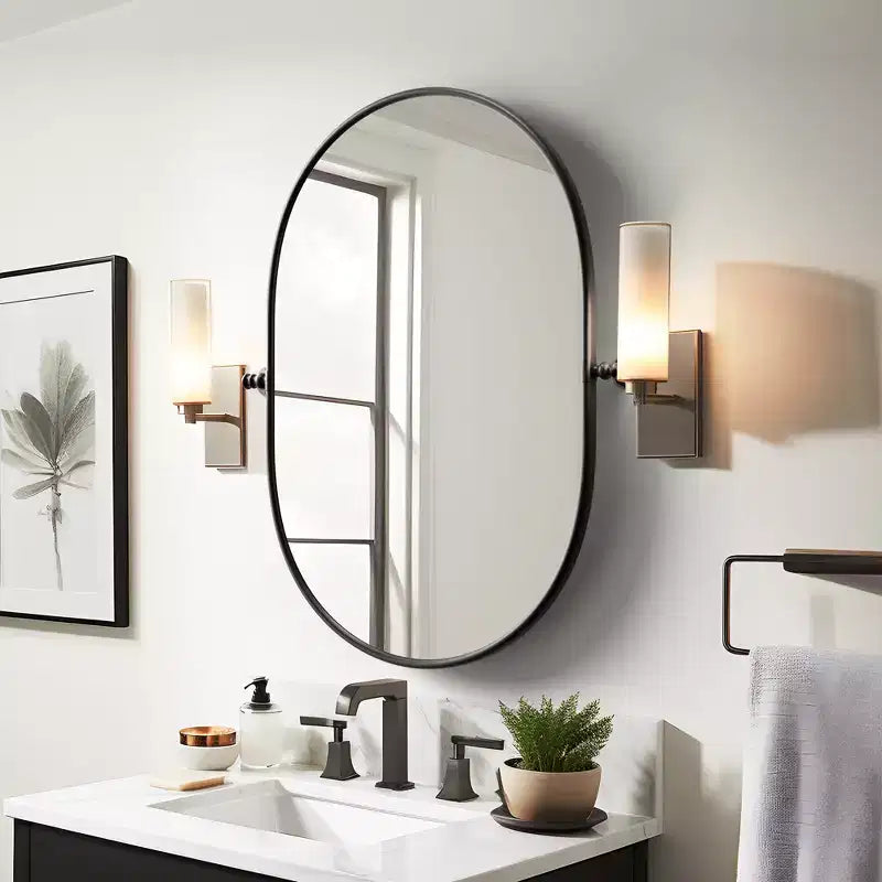 Hanging Wall Mirror with Iron Track-Shaped Frame, Black Hardware, 31x24 inches