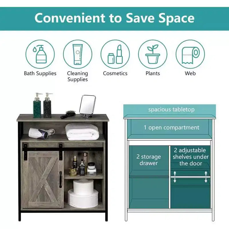 Barn Door-Style Floor Bathroom Cabinet with Drawer and Shelves