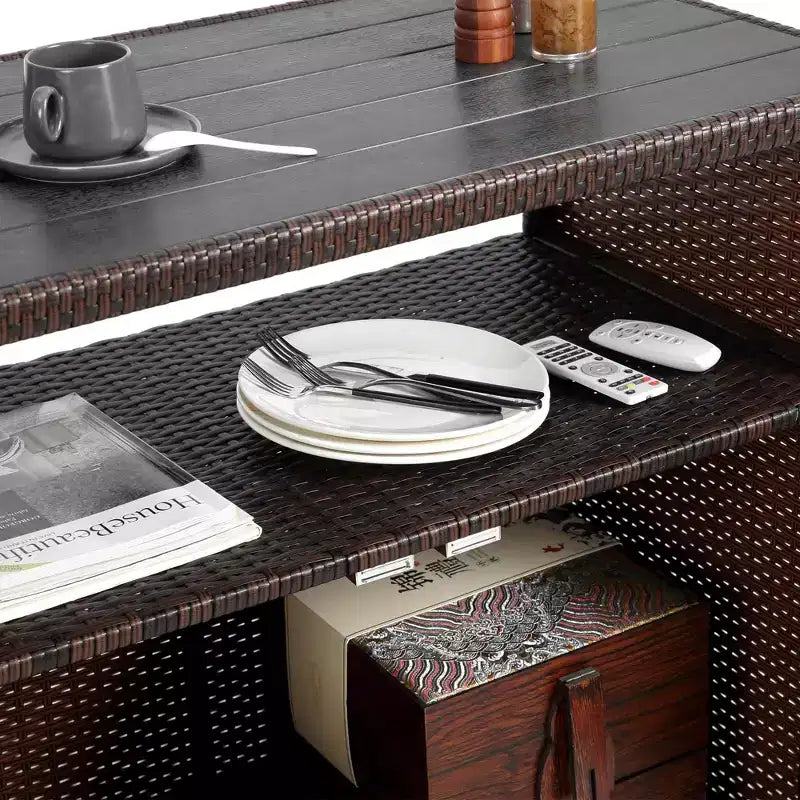 Outdoor Wicker Bar Serving Cart with Glass Tabletop for Patio, Black and Brown
