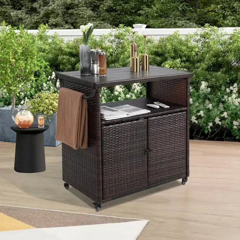 Outdoor Wicker Bar Serving Cart with Glass Tabletop for Patio, Black and Brown
