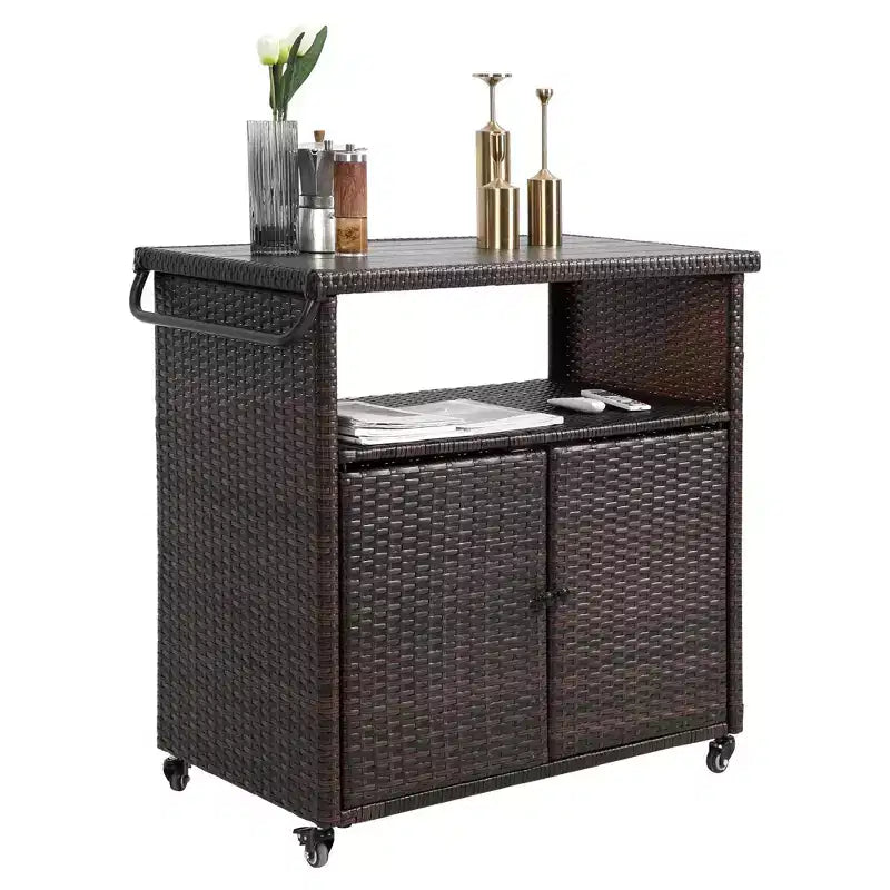 Outdoor Wicker Bar Serving Cart with Glass Tabletop for Patio, Black and Brown