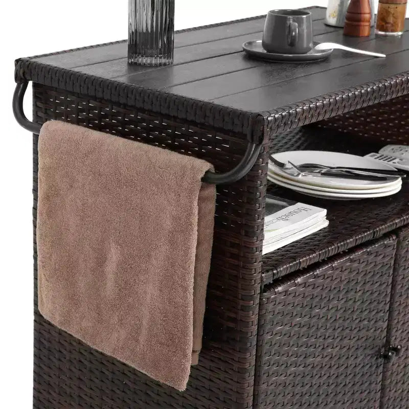 Outdoor Wicker Bar Serving Cart with Glass Tabletop for Patio, Black and Brown