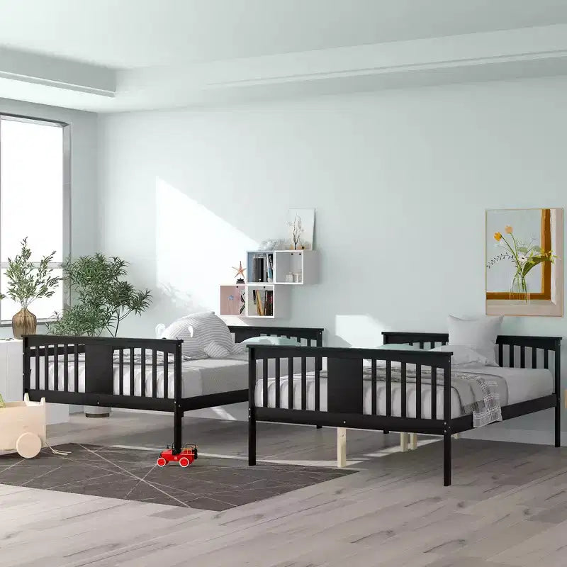 Wooden Full over Full Bunk Bed with Safety Guardrail and Sturdy Ladder for Bedrooms Guest Rooms Dorms