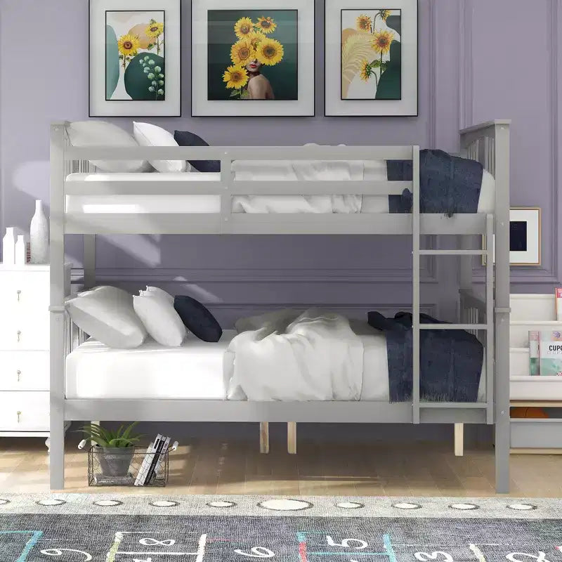 Wooden Full over Full Bunk Bed with Safety Guardrail and Sturdy Ladder for Bedrooms Guest Rooms Dorms