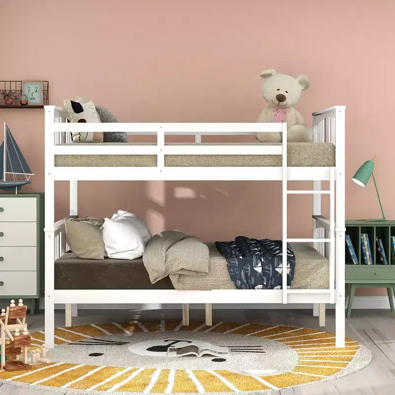 Wooden Full over Full Bunk Bed with Safety Guardrail and Sturdy Ladder for Bedrooms Guest Rooms Dorms