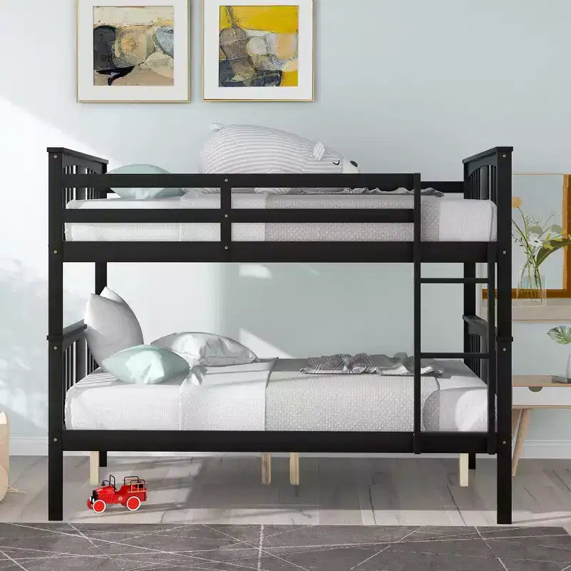 Wooden Full over Full Bunk Bed with Safety Guardrail and Sturdy Ladder for Bedrooms Guest Rooms Dorms