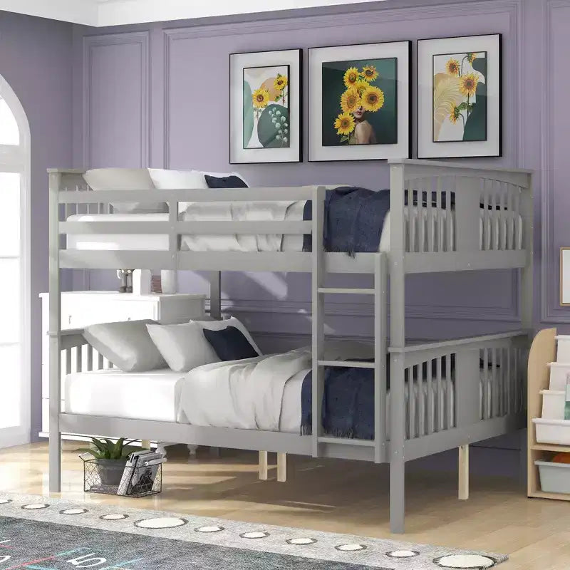 Wooden Full over Full Bunk Bed with Safety Guardrail and Sturdy Ladder for Bedrooms Guest Rooms Dorms