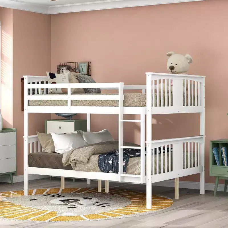Wooden Full over Full Bunk Bed with Safety Guardrail and Sturdy Ladder for Bedrooms Guest Rooms Dorms