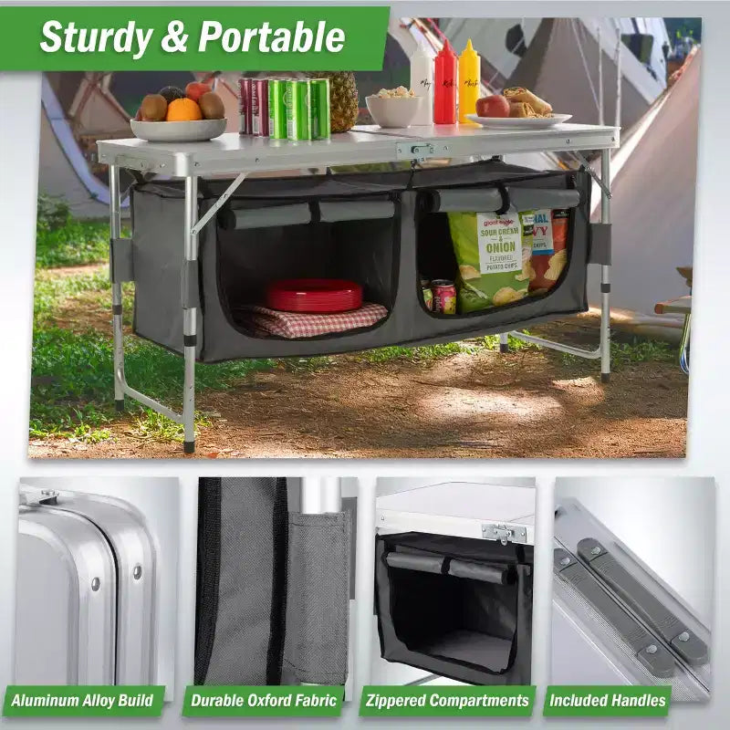 Portable Folding Camping Table with Built-In Storage Lockers