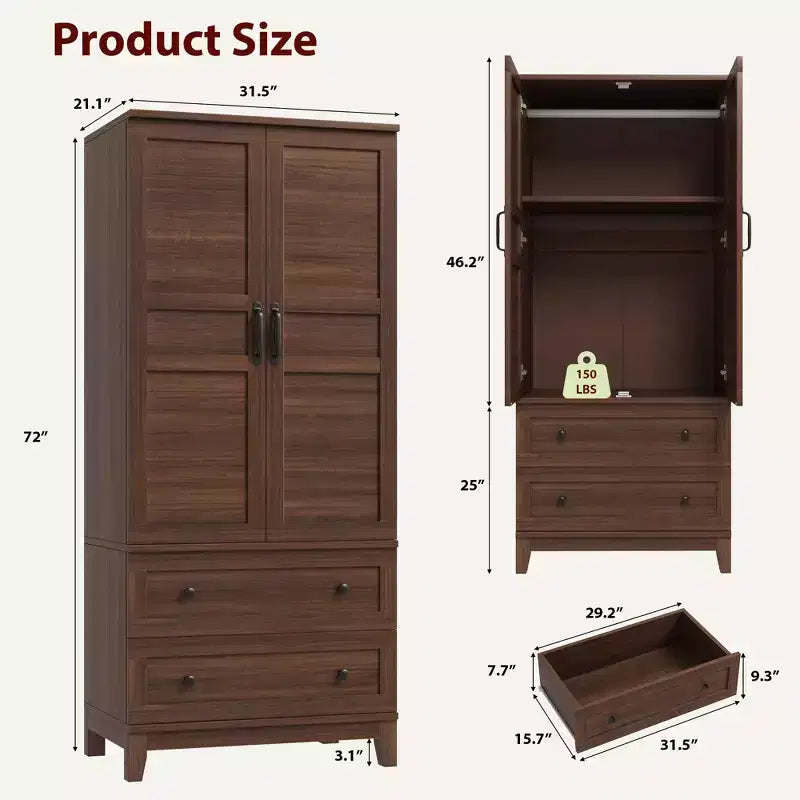 72 Wooden Wardrobe with Adjustable Shelves, 2 Doors, 2 Drawers, Aluminum Hanging Rails, Anti-Tip Safety Brackets, Quiet Hhinges, Easy Assembly