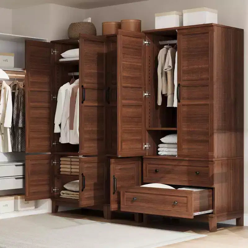 72 Wooden Wardrobe with Adjustable Shelves, 2 Doors, 2 Drawers, Aluminum Hanging Rails, Anti-Tip Safety Brackets, Quiet Hhinges, Easy Assembly