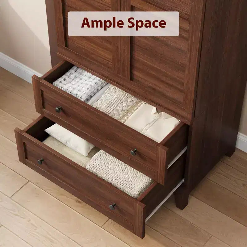 72 Wooden Wardrobe with Adjustable Shelves, 2 Doors, 2 Drawers, Aluminum Hanging Rails, Anti-Tip Safety Brackets, Quiet Hhinges, Easy Assembly