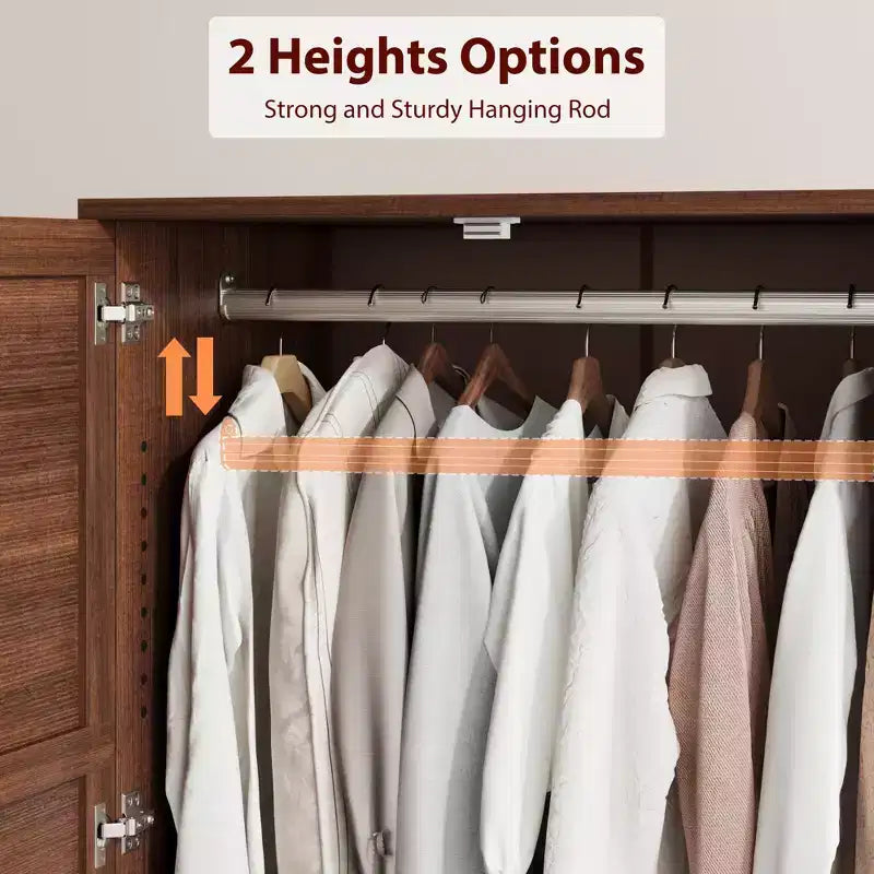 72 Wooden Wardrobe with Adjustable Shelves, 2 Doors, 2 Drawers, Aluminum Hanging Rails, Anti-Tip Safety Brackets, Quiet Hhinges, Easy Assembly
