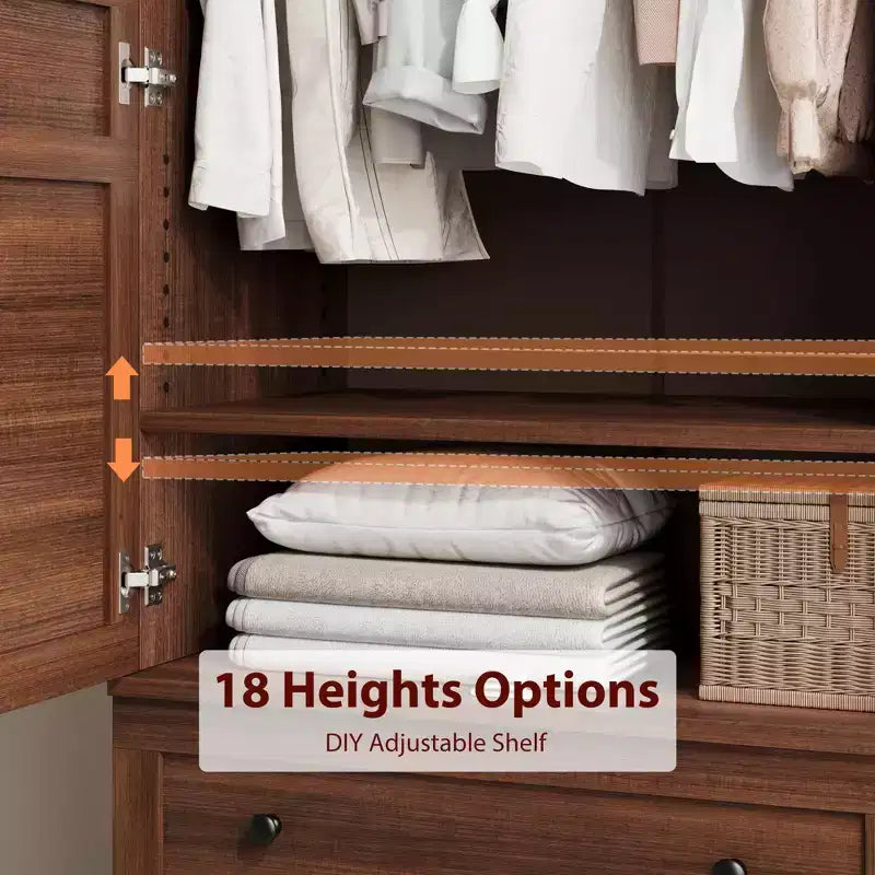 72 Wooden Wardrobe with Adjustable Shelves, 2 Doors, 2 Drawers, Aluminum Hanging Rails, Anti-Tip Safety Brackets, Quiet Hhinges, Easy Assembly