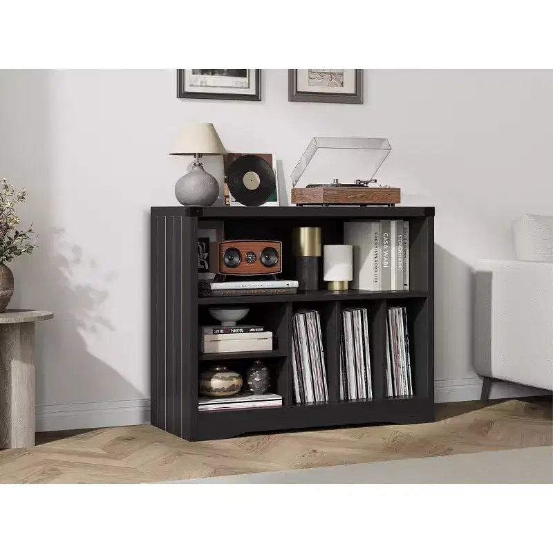 Record Player Stand with 6 Vinyl Storage Compartments, Modern Turntable Table, Wooden Media Organizer for Living Room, Black
