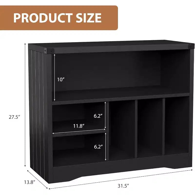 Record Player Stand with 6 Vinyl Storage Compartments, Modern Turntable Table, Wooden Media Organizer for Living Room, Black