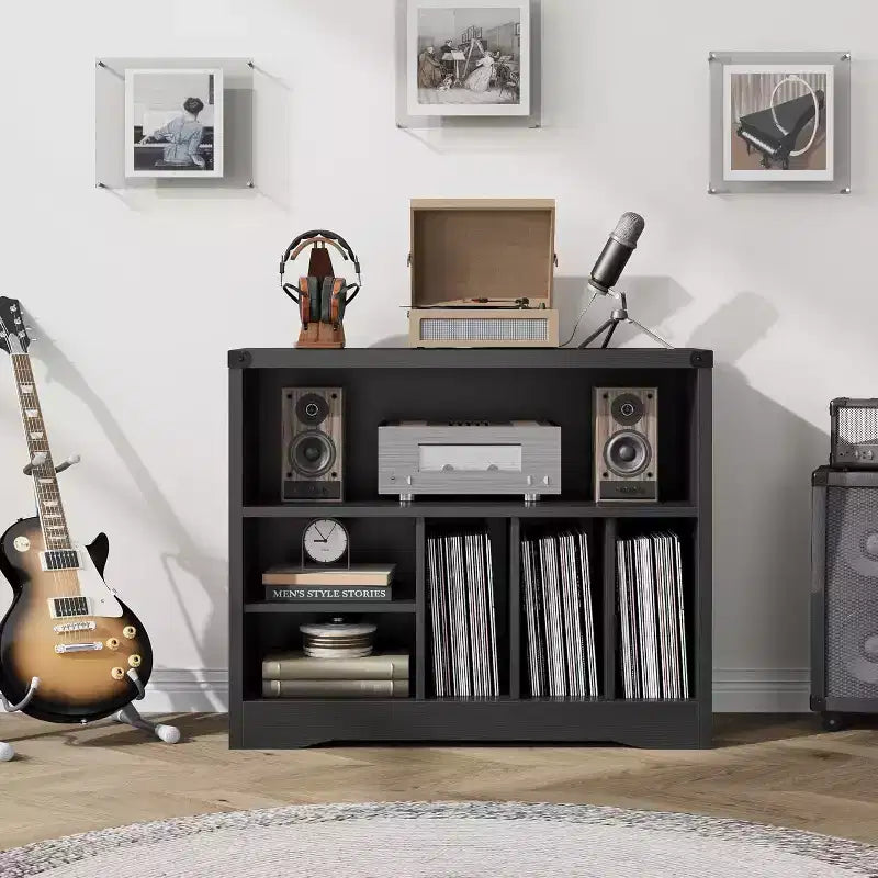 Record Player Stand with 6 Vinyl Storage Compartments, Modern Turntable Table, Wooden Media Organizer for Living Room, Black