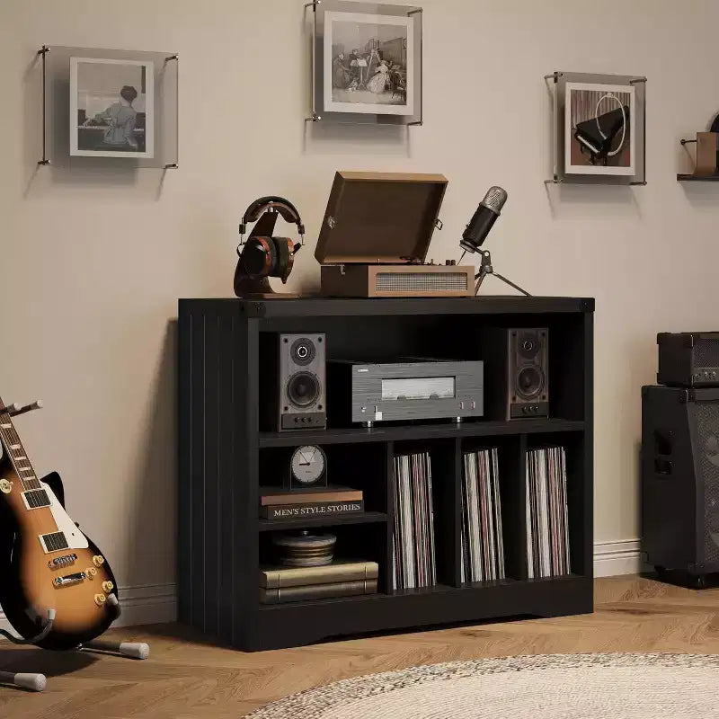 Record Player Stand with 6 Vinyl Storage Compartments, Modern Turntable Table, Wooden Media Organizer for Living Room, Black