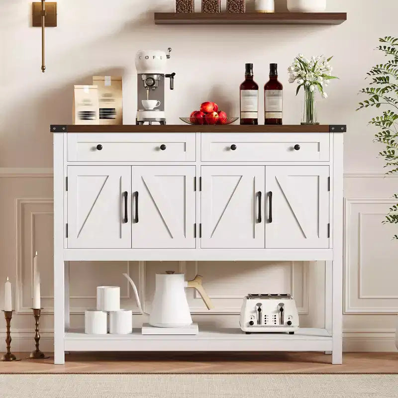 47.2" Farmhouse Sideboard Buffet Cabinet with Drawers, Barn Doors & Shelves, Narrow Buffet for Dining Room