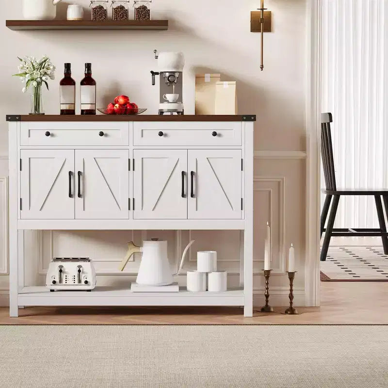 47.2" Farmhouse Sideboard Buffet Cabinet with Drawers, Barn Doors & Shelves, Narrow Buffet for Dining Room