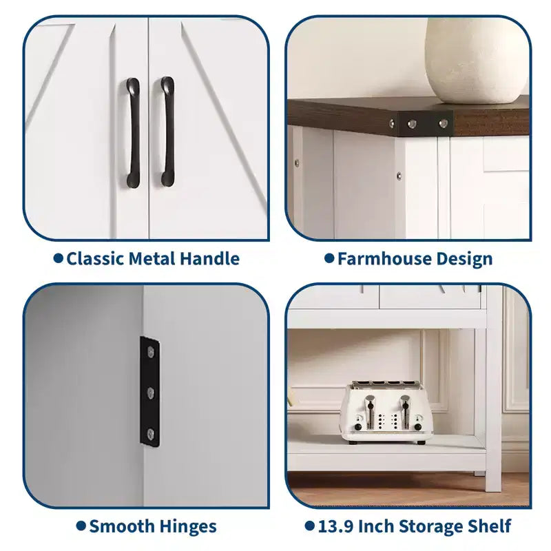 47.2" Farmhouse Sideboard Buffet Cabinet with Drawers, Barn Doors & Shelves, Narrow Buffet for Dining Room