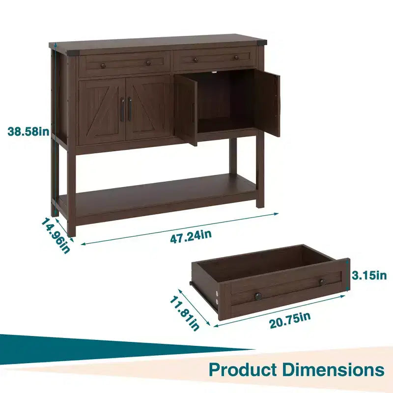 47.2" Farmhouse Sideboard Buffet Cabinet with Drawers, Barn Doors & Shelves, Narrow Buffet for Dining Room