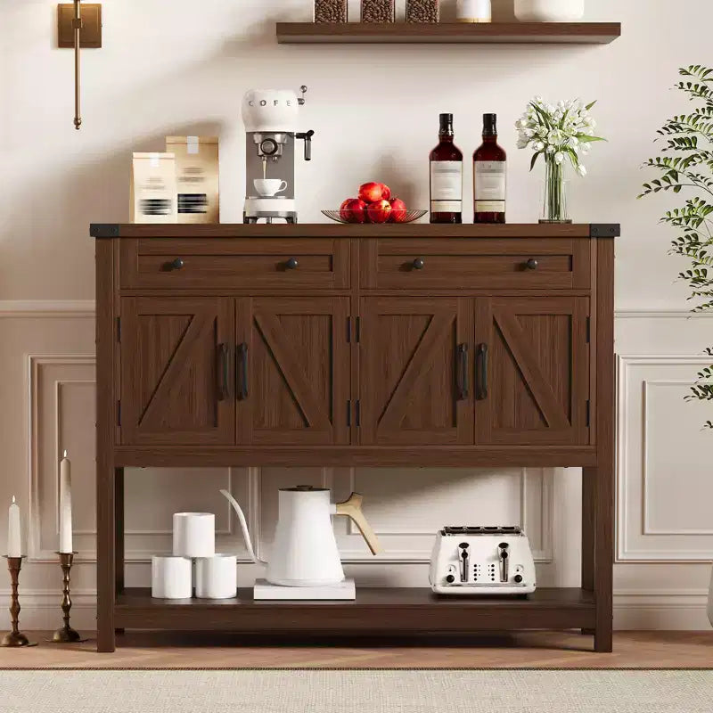 47.2" Farmhouse Sideboard Buffet Cabinet with Drawers, Barn Doors & Shelves, Narrow Buffet for Dining Room