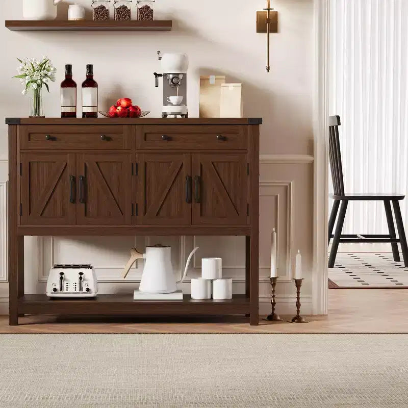 47.2" Farmhouse Sideboard Buffet Cabinet with Drawers, Barn Doors & Shelves, Narrow Buffet for Dining Room
