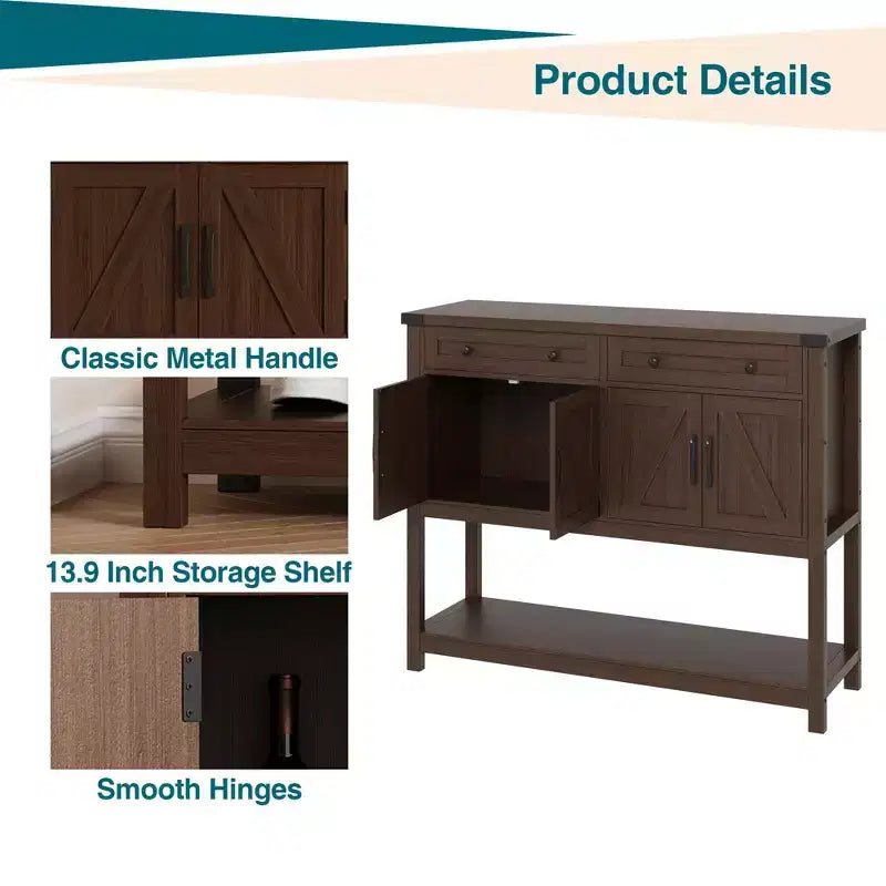47.2" Farmhouse Sideboard Buffet Cabinet with Drawers, Barn Doors & Shelves, Narrow Buffet for Dining Room